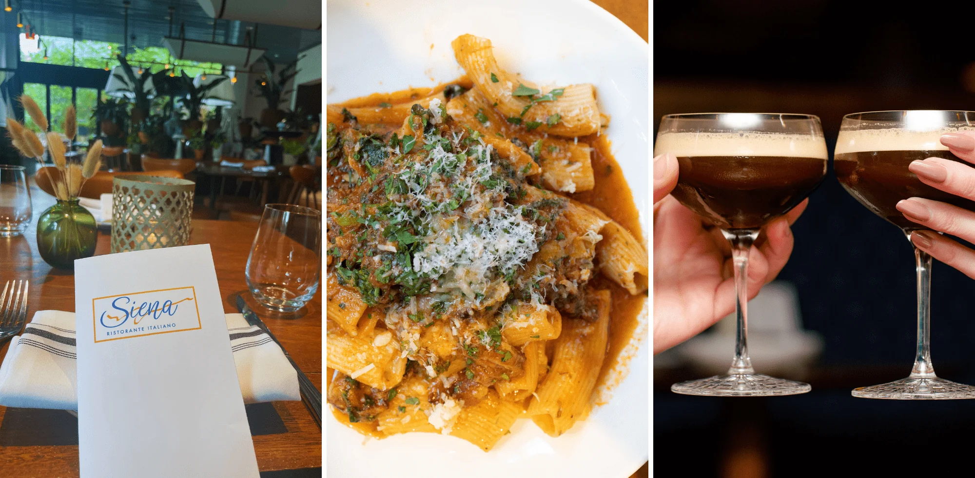 three images of a Siena menu, Baked pasta, glasses clinking together